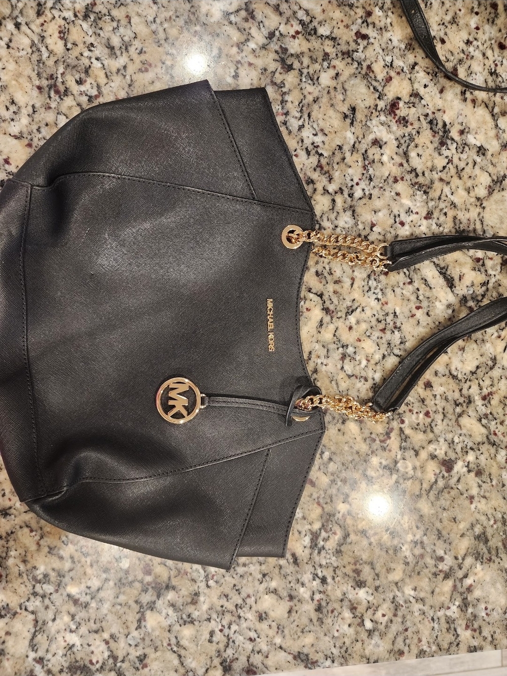Michael Kors Black Leather Tote with Gold Chain Handles